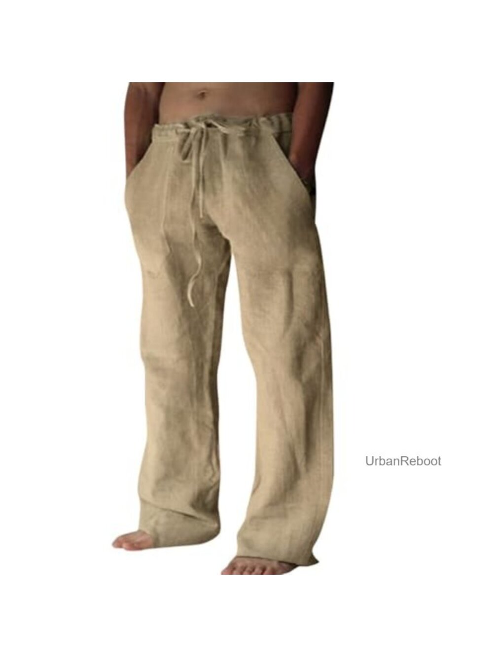 Men's Cotton Linen Pants Drawstring Waist Loose Fit Straight Leg Casual Beach